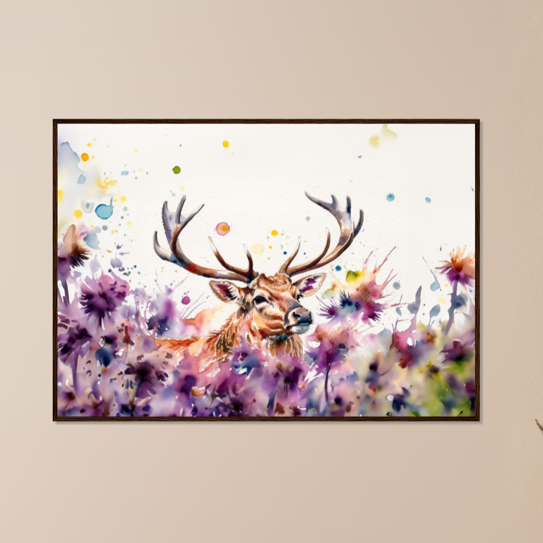 Wooden Framed Art Print "Stag surrounded by Thistles" | Farmhouse Style Collection