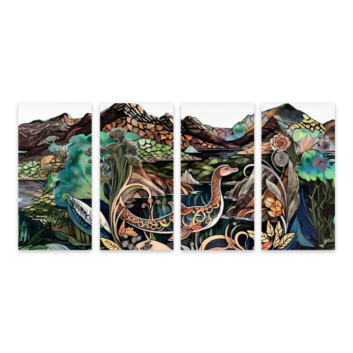 Vintage Loch Ness Monster Quadriptych Painting