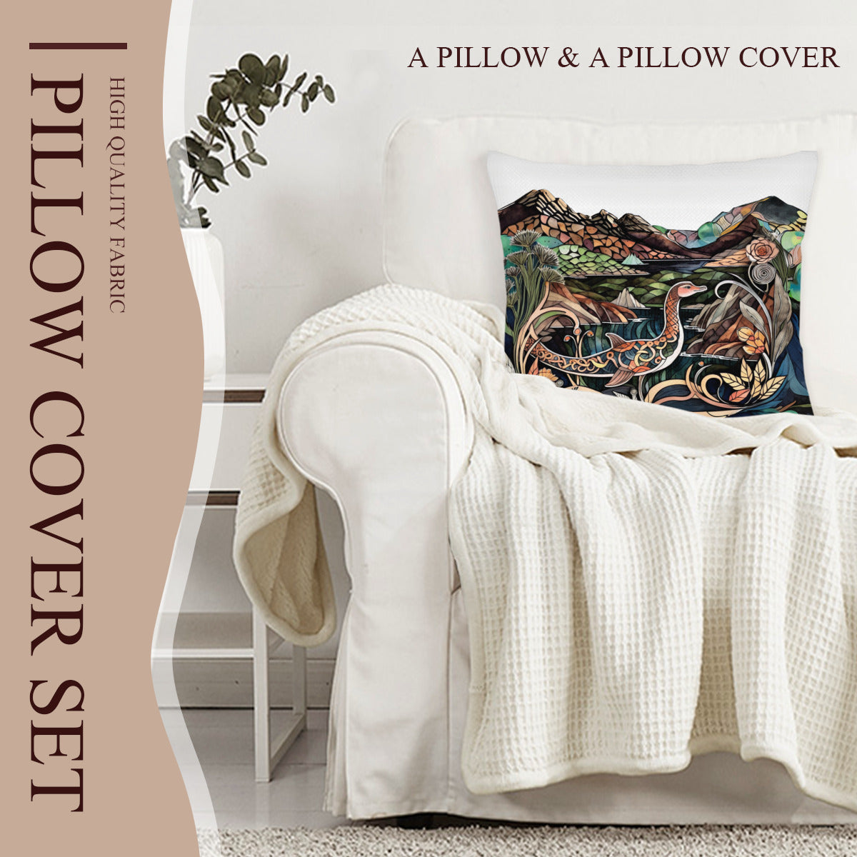 Pillow Cover + Pillow Filler "Vintage Loch Ness Monster"