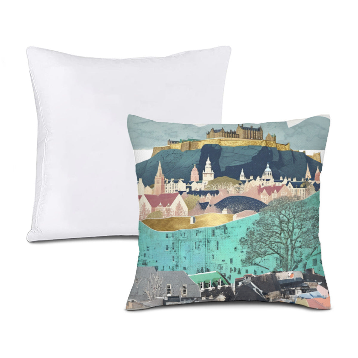 Funda de almohada + relleno de almohada "Edimburgo": obra de arte moderna del horizonte de Edimburgo