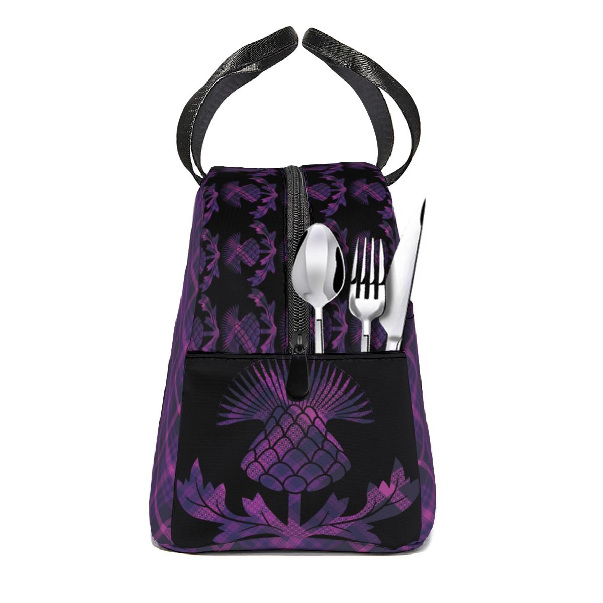 Bolsa de almuerzo de tartán morado adornada con elegantes cardos